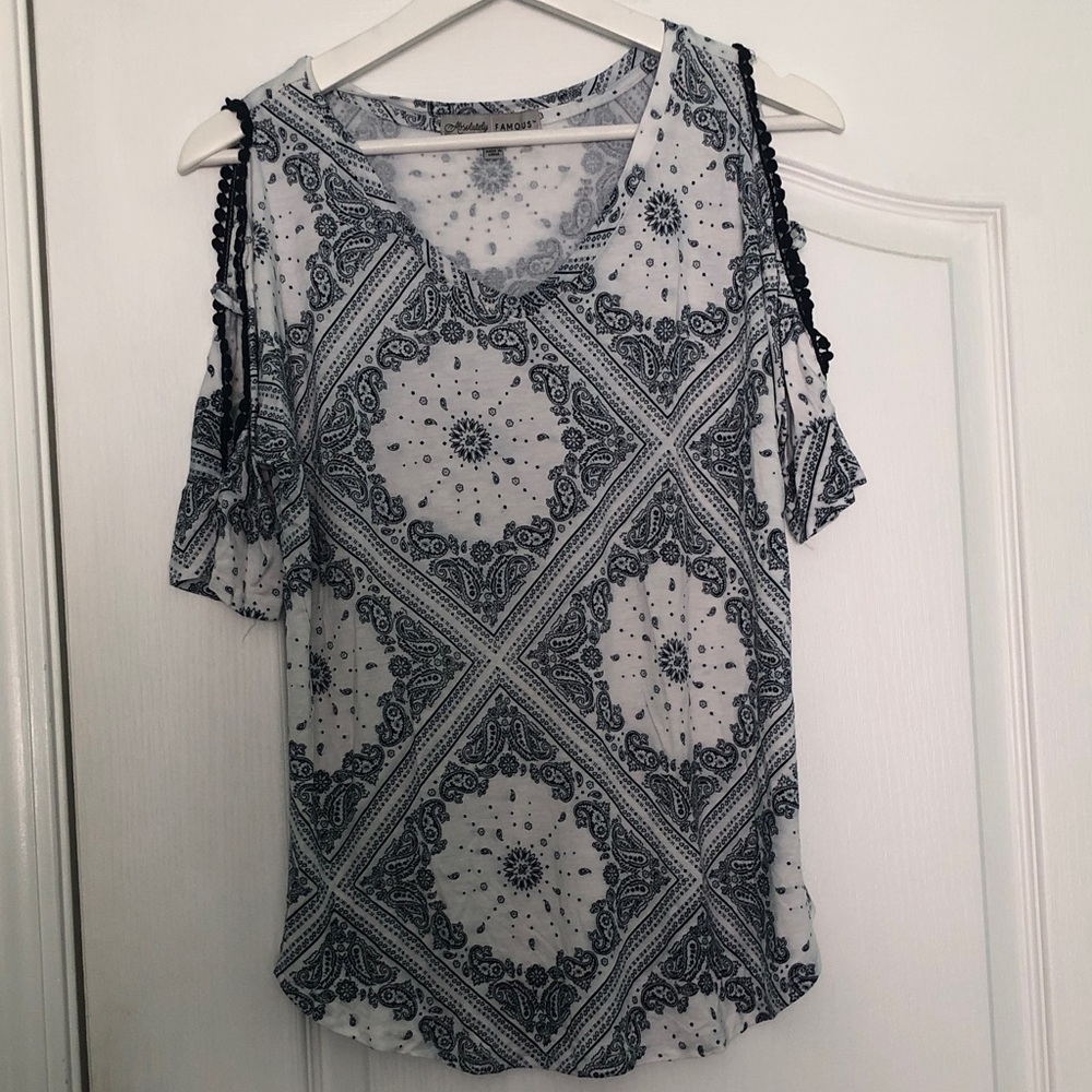 Absolutely Famous Black and White Cold Shoulder Blouse